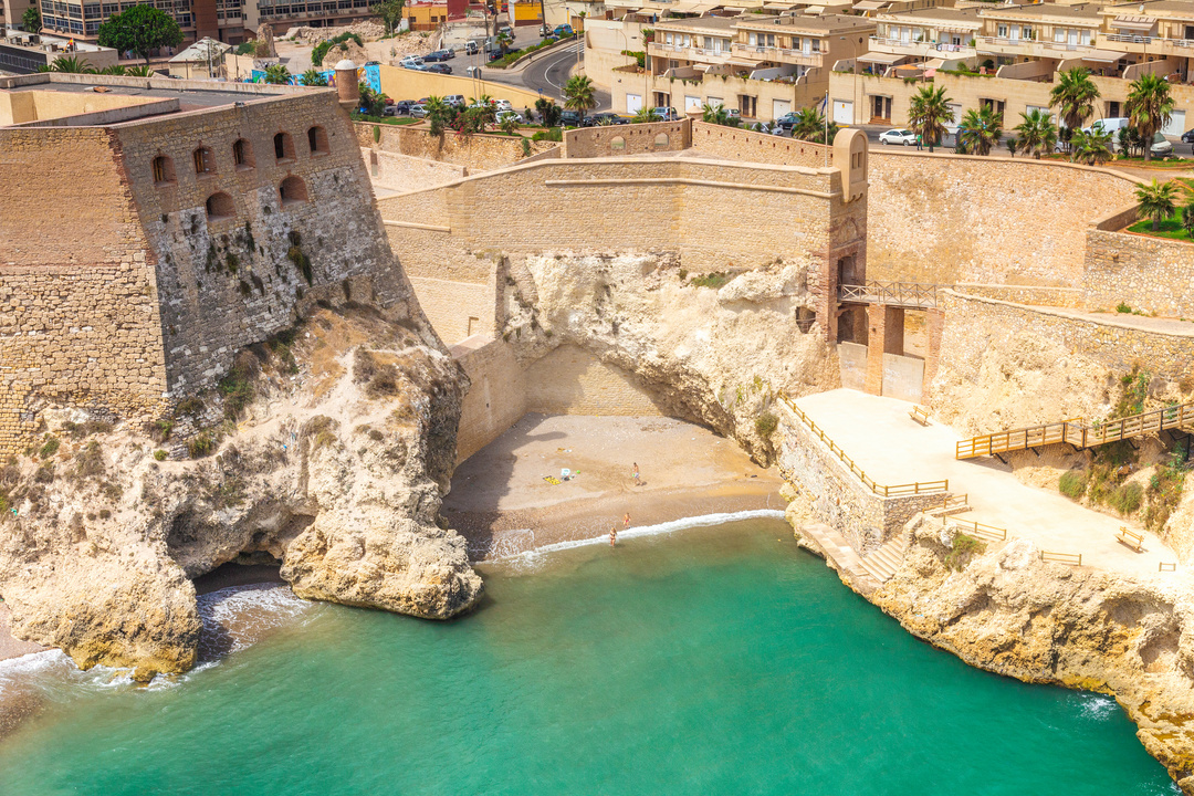 City walls with beach in Melilla.